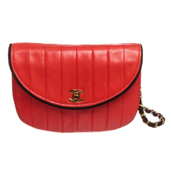 Chanel Red Lambskin Leather Stripe Round Flap Bag