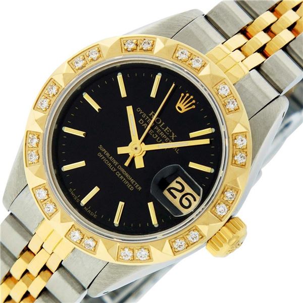 Rolex Ladies 2 Tone Black Index & Pyramid Diamond Oyster Perpetual Datejust Wris