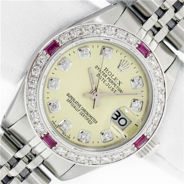 Rolex Ladies Stainless Steel Yellow Diamond & Ruby 26MM Datejust Wristwatch