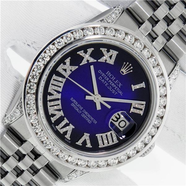 Rolex Mens Stainless Steel Blue Vignette Roman 3 ctw Diamond Datejust Wristwatch