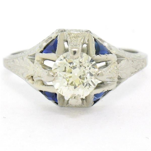 Antique Art Deco 20kt White Gold Diamond and Sapphire Engagement Ring