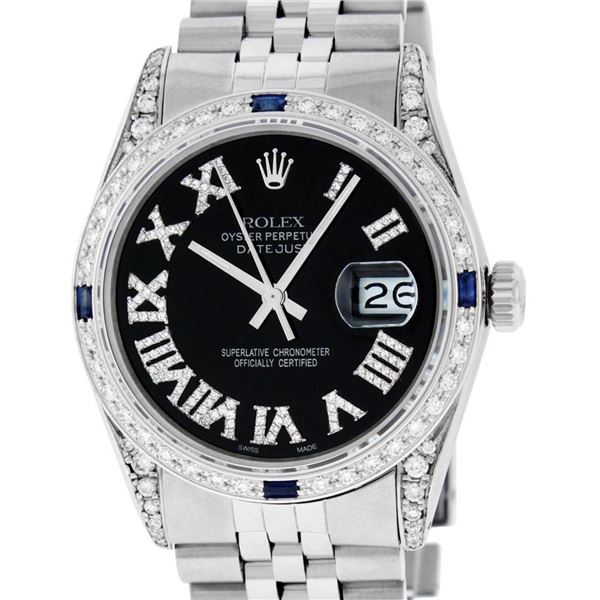 Rolex Mens Stainless Steel Black Roman Diamond Lugs & Sapphire Datejust Wristwat