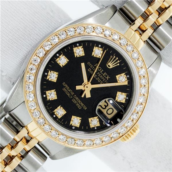 Rolex Ladies 2T 26MM Black Diamond Bezel 1 ctw 18K Yellow Gold Datejust Wristwat