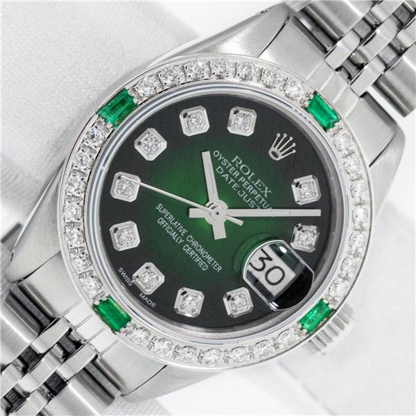 Rolex Ladies Stainless Steel 26MM Green Vignette Diamond Oyster Perpetual Dateju