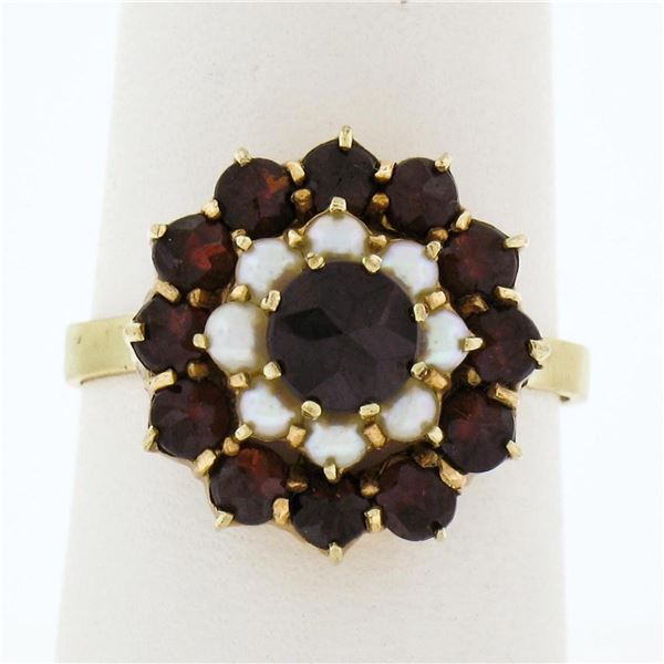 Vintage 8k Yellow Gold 1.56 ctw Garnet & Pearl Petite Dual Halo Cluster Ring