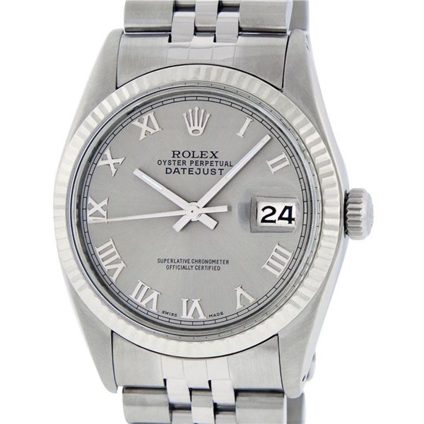 Rolex Mens Stainless Steel 36MM Slate Grey Roman Oyster Perpetual Datejust Wrist