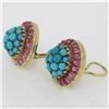 Image 2 : Vintage 14K Yellow Gold 3.56 ctw Turquoise Diamond & Ruby Cluster Button Earring