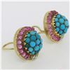 Image 3 : Vintage 14K Yellow Gold 3.56 ctw Turquoise Diamond & Ruby Cluster Button Earring