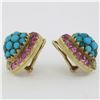 Image 5 : Vintage 14K Yellow Gold 3.56 ctw Turquoise Diamond & Ruby Cluster Button Earring