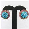 Image 7 : Vintage 14K Yellow Gold 3.56 ctw Turquoise Diamond & Ruby Cluster Button Earring