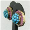 Image 8 : Vintage 14K Yellow Gold 3.56 ctw Turquoise Diamond & Ruby Cluster Button Earring