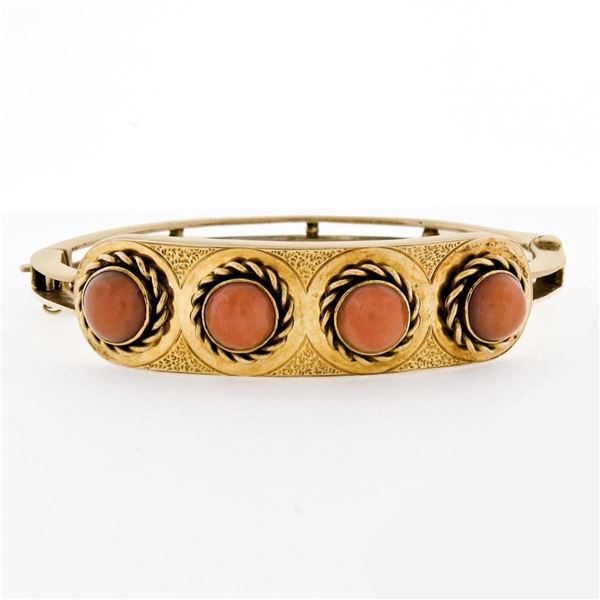 Antique Victorian Handmade 14K Yellow Gold Fine 7mm Coral Open Bangle Bracelet