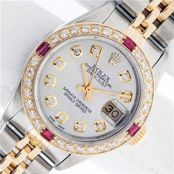 Rolex Ladies 2 Tone Silver Diamond & Ruby Oyster Perpetual Datejust Wristwatch T