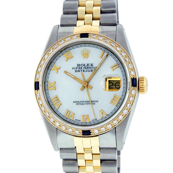 Rolex Mens 2 Tone Mother Of Pearl Diamond & Sapphire 36MM Datejust Wristwatch