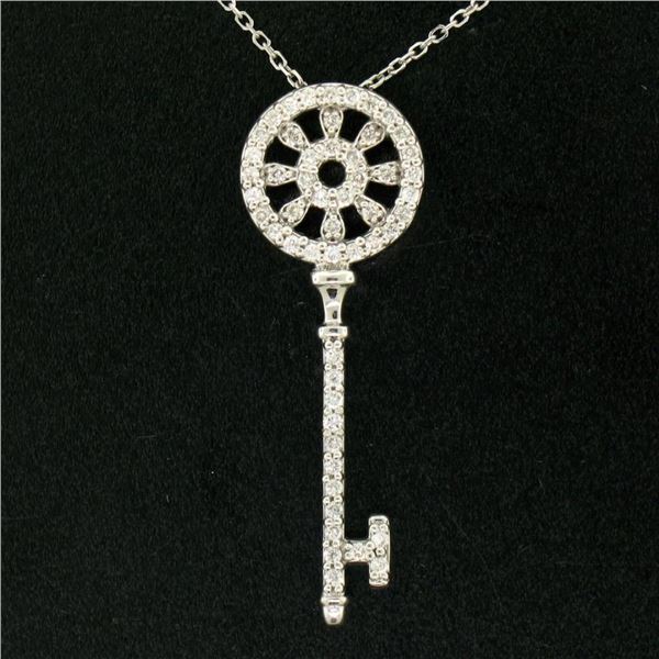 14K White Gold .45 ctw Round Brilliant Diamond Wheel Key Pendant & 16  Chain