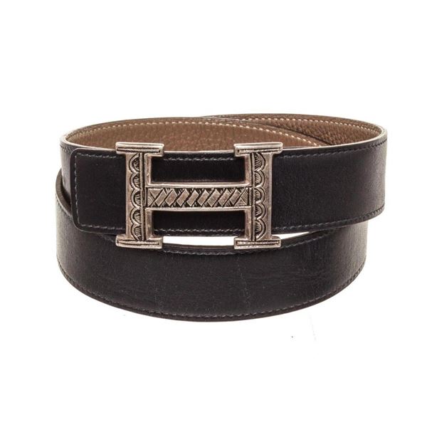 Hermes Navy Leather Sliver Buckle Belt