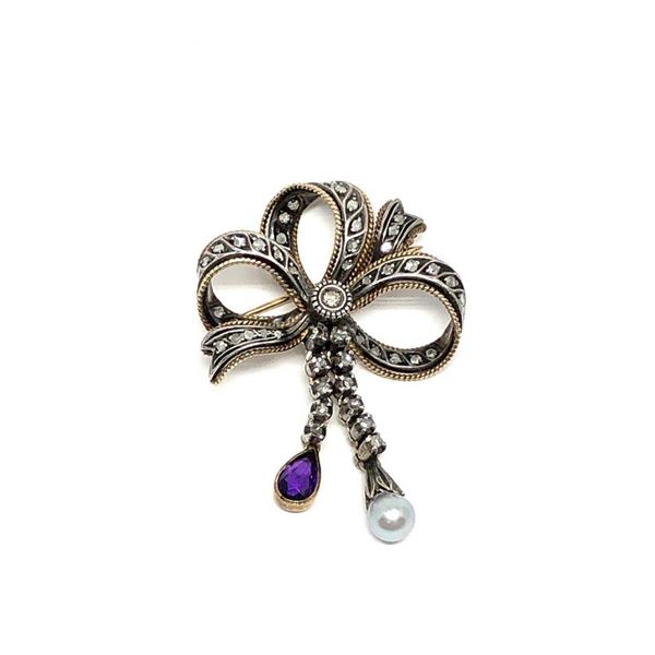 1.77 ctw Pear Mixed Amethyst And Diamond Pin - SILVER AND 10KT YELLOW GOLD  Othe