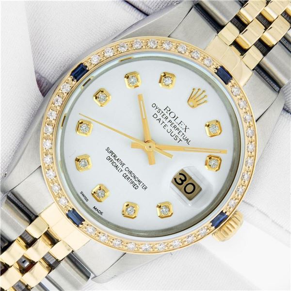 Rolex Mens 2 Tone White Diamond & Sapphire 36 Datejust Oyster Perpetual Wristwat