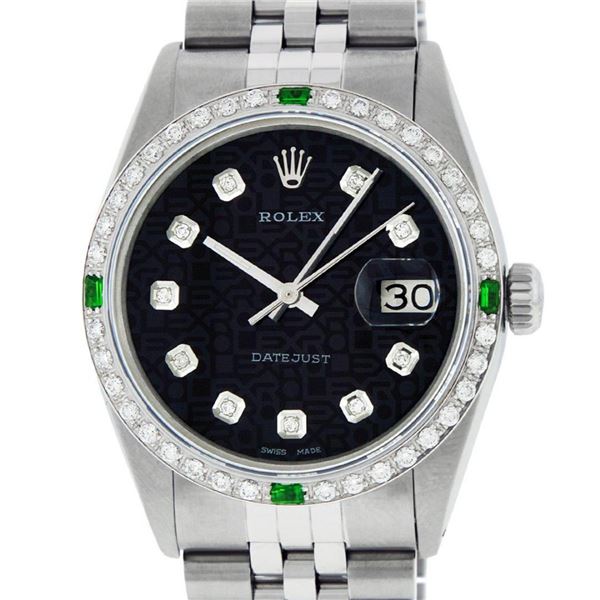 Rolex Mens Stainless Steel Black Diamond & Emerald Oyster Perpetual Datejust Wri