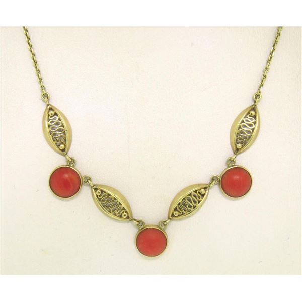 14k Solid Gold Ox Blood Red Coral Open Work Collar Necklace