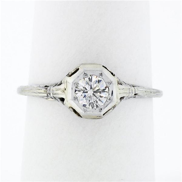 Antique Art Deco 18k White Gold Petite .36 ctw Transitional Diamond Solitaire Ri