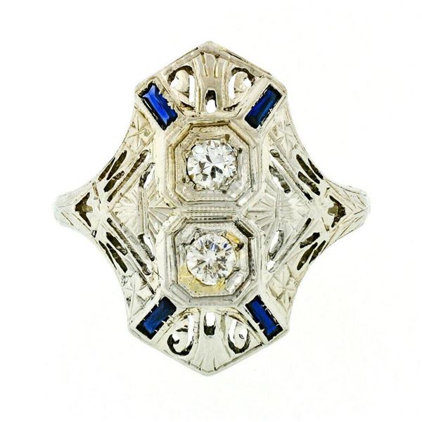 Art Deco 18kt White Gold Euro Cut Diamond & Sapphire Filigree Dinner Ring