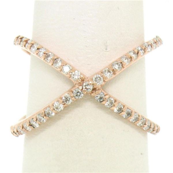 14k Rose Gold 0.50 ctw 45 Round Brilliant Diamond Simple X Ex Cross Band Ring