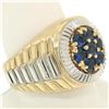 Image 6 : Men's 14k Two Tone Gold 2.50 ctw Round Sapphire Cluster Ribbed BOLD Ring