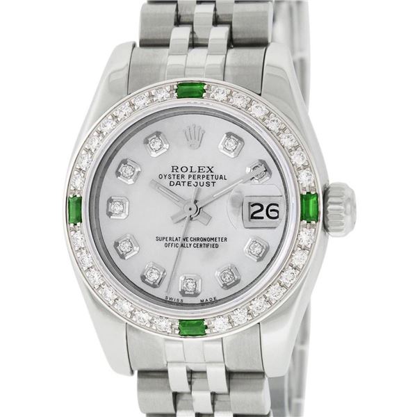 Rolex New Style Ladies 26 Mother Of Pearl Diamond And Emerald Datejust Oyster Pe