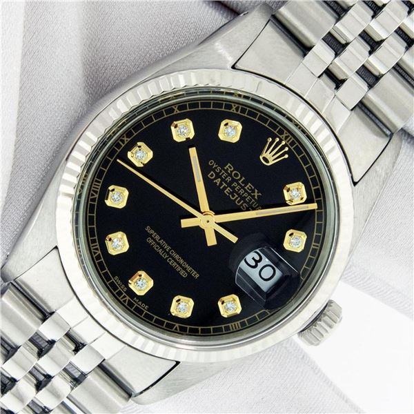 Rolex Mens Stainless Steel 36MM Black Diamond Datejust Wristwatch