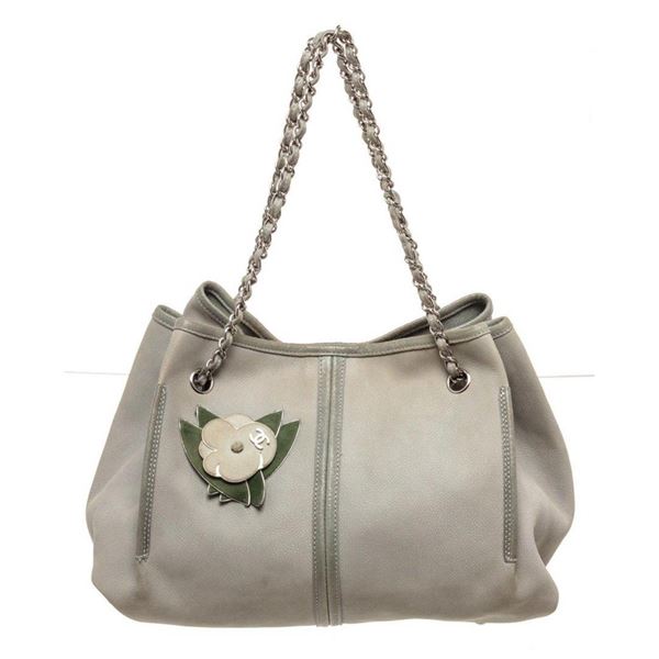 Chanel Gray Leather Drawstring Bucket Bag