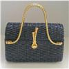 Retro Navy Blue Basketweave Handbag Goldtone #2009964