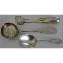 3 RUSSIAN SILVER PCS SIFTER, TONGS, CADDY SPOON#2022606