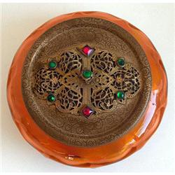 Glass Jeweled, Filigree Brass, Glass Powder Jar#2048548