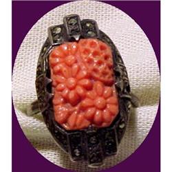 Carved Coral & Marcasite Sterling Silver Ring  #2049203