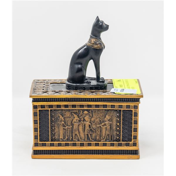 EGYPTIAN SARCOPHAGUS WITH CAT HAND PAINTED