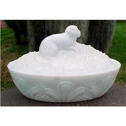 Milk Glass Monkey Covered Dish Flaccus 1880's #2019160