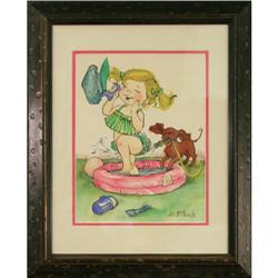 Fun in the Sun girl puppy watercolor McMain #2045874