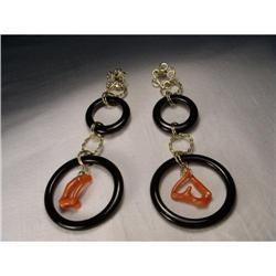 18K Gold Handmade Coral Onyx Hanging Earrings #2057018