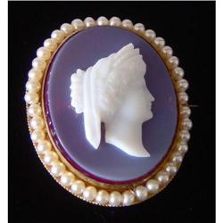 Antique Agate Cameo & Pearl Brooch #2019084