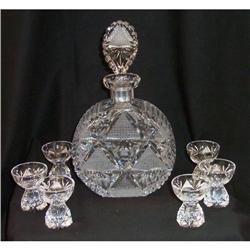 Antique Crystal  Decanter W/ 6 Cut Cordials #2033935