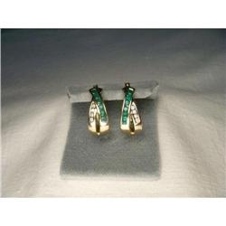 Estate 14K YG Diamond Emerald Huggie Earrings #2034044