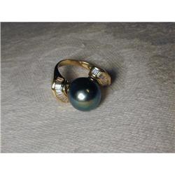 14K South Sea Black Cultured Pearl Diamond Ring#2034083