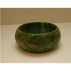 Bakelite Vintage Wide Marbelized  Green Bangle #2045384