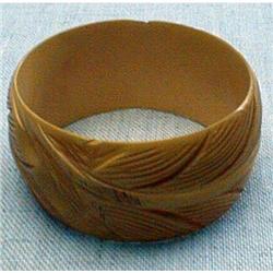 Bakelite (9) Bangle Wide Yellow Carved Leaf #2045406