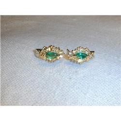 Estate 14K YG Emerald Baguette Diamond Earrings#2045585