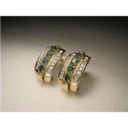 Estate 14K YG Diamond Emerald Huggie Earrings #2045591