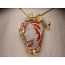 18K YG Gold Carved Cameo Coral Pendant Brooch #2045594