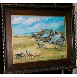 Vintage  African Village Painting Signed 50's #2056029