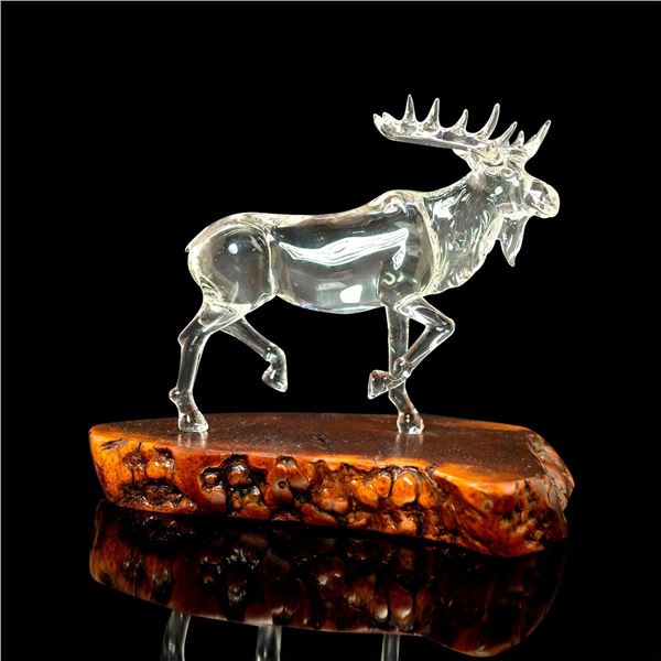 Hand Blown Art Glass Figurine, Moose on Burl Wood Stand